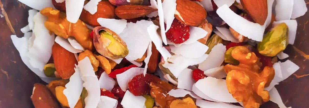 dieta chetogenica spuntino con chips di cocco noci mandorle pistacchi bacche di goji